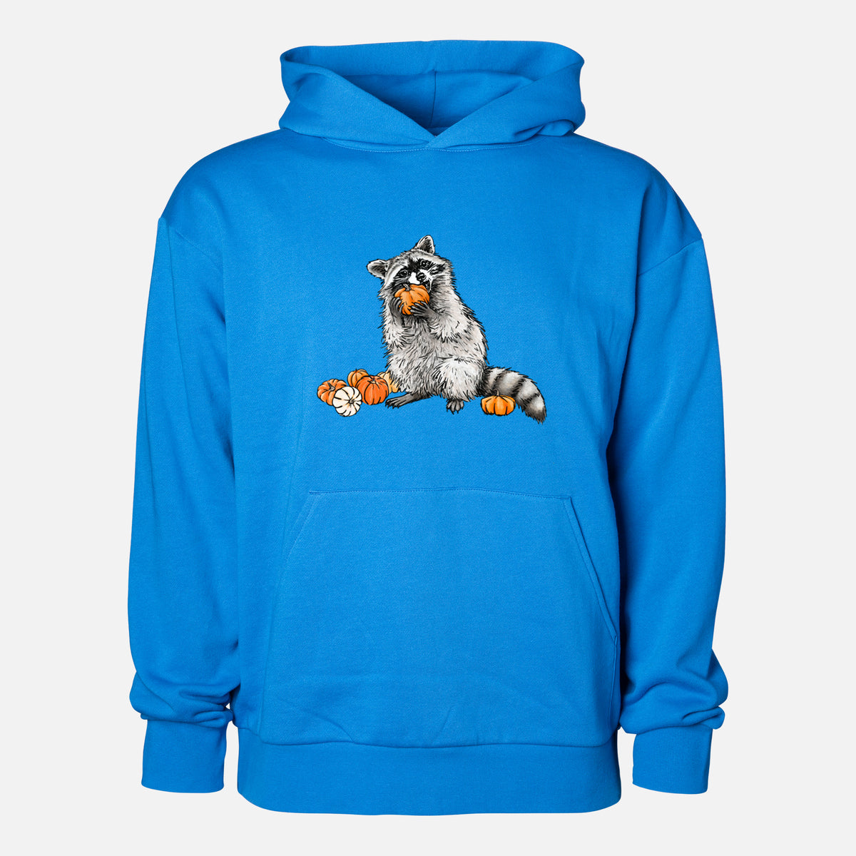Raccoon Pumpkin Bandit - Statement Midweight Hoodie in Azure Blue, shown from the front with the design printed on the chest above a front kangaroo pocket.