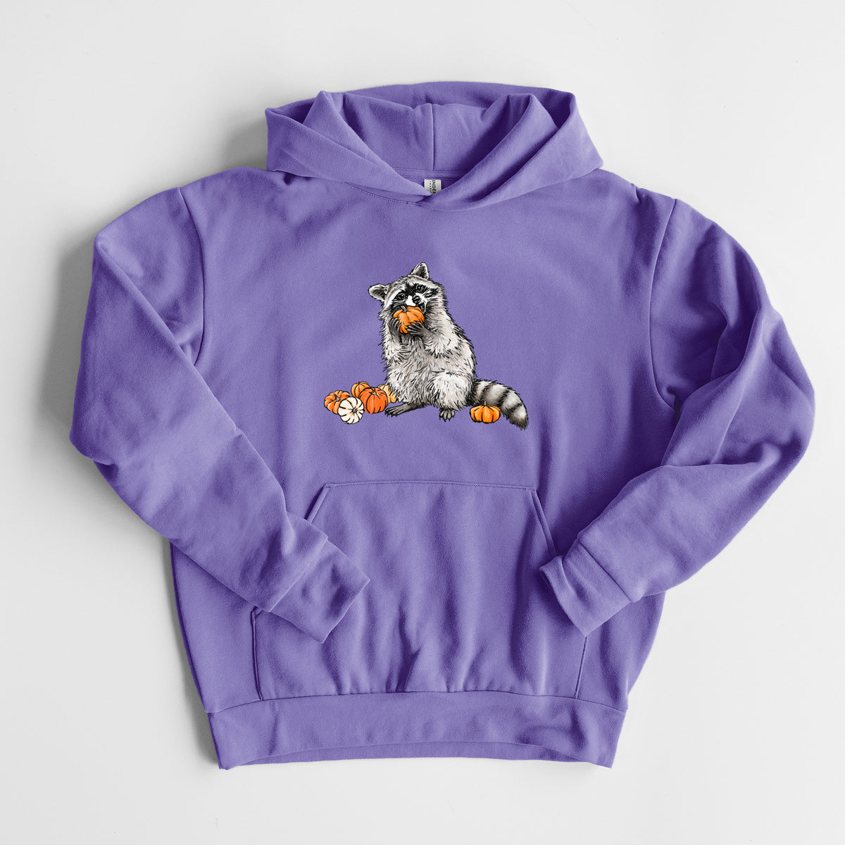 Raccoon Pumpkin Bandit - Statement Midweight Hoodie in Violet, laid flat, showing the oversized boxy fit and front kangaroo pocket.