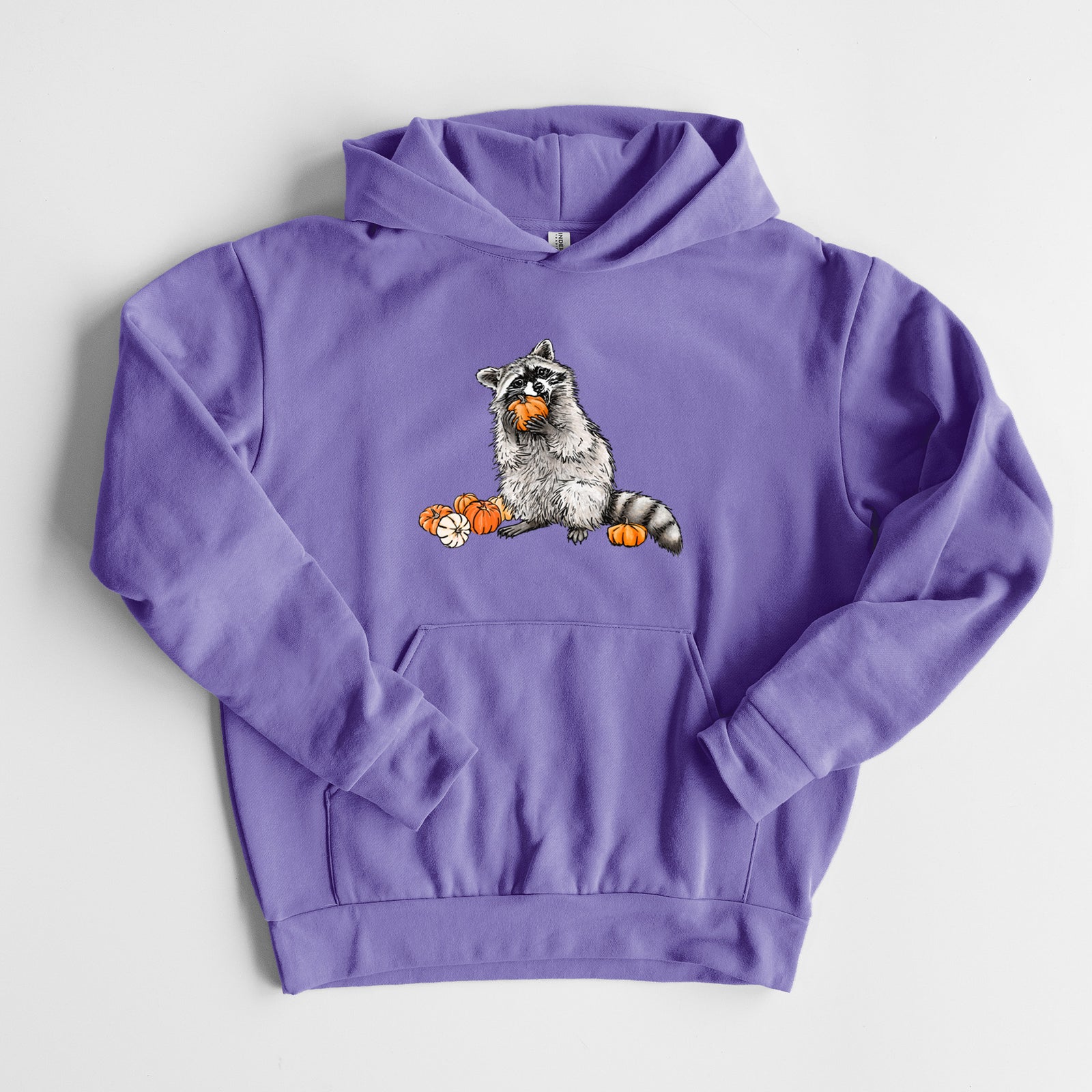Raccoon Pumpkin Bandit - Statement Midweight Hoodie in Violet, laid flat, showing the oversized boxy fit and front kangaroo pocket.