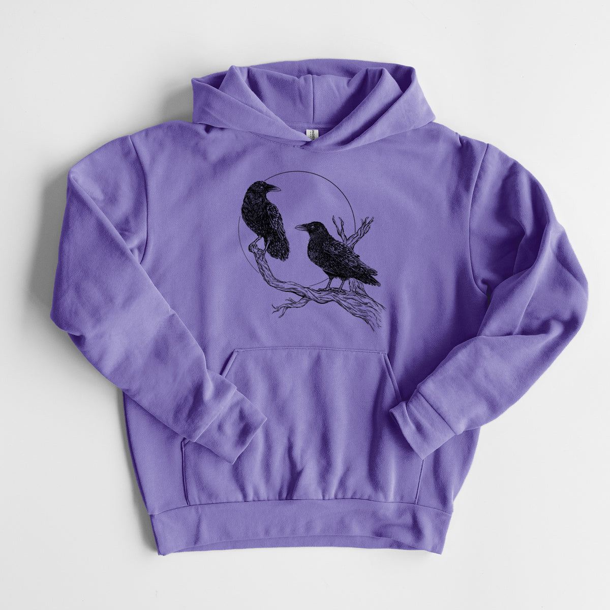 Midnight Ravens - Statement Midweight Hoodie in Violet, laid flat, showing the oversized boxy fit and front kangaroo pocket.