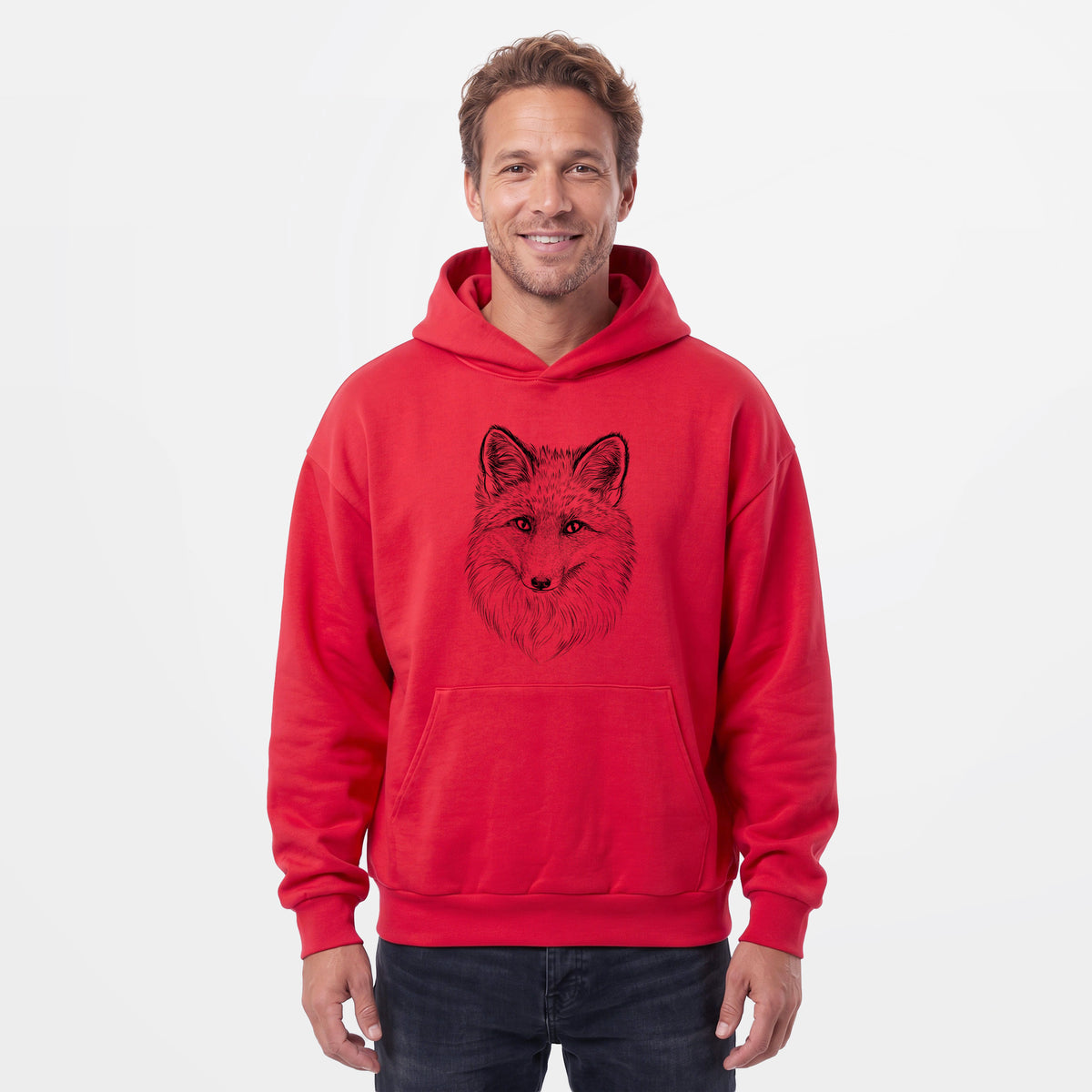 Male model wearing the Red Fox - Vulpes vulpes - Statement Midweight Hoodie.