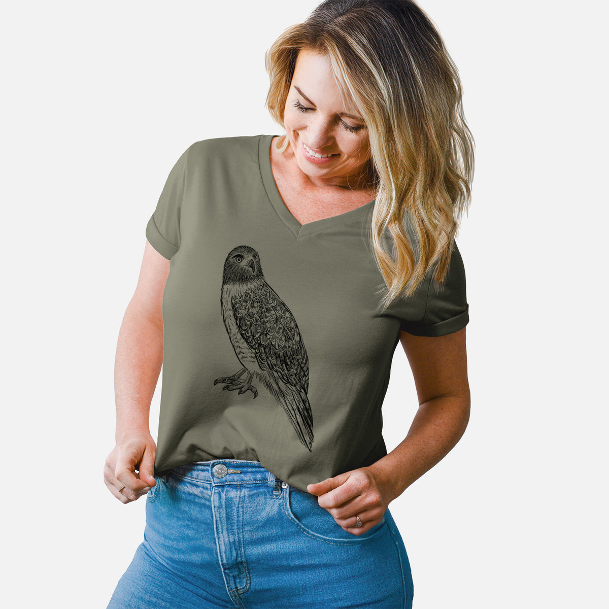 Red-tailed Hawk - Buteo jamaicensis - Women&#39;s Lightweight Relaxed Fit 100% Cotton V-neck