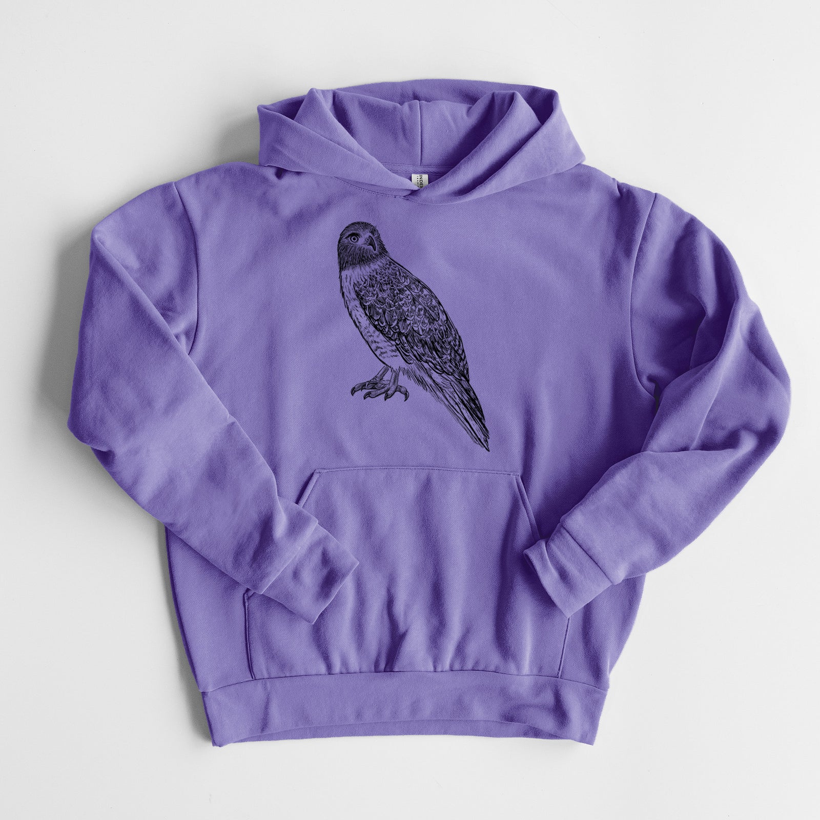 Red-tailed Hawk - Buteo jamaicensis - Statement Midweight Hoodie in Violet, laid flat, showing the oversized boxy fit and front kangaroo pocket.