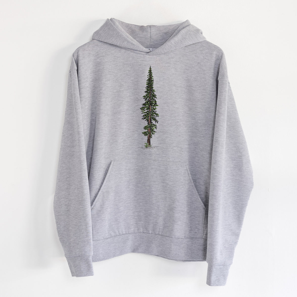 Lone Redwood - Statement Midweight Hoodie in Heather Grey, hanging on a white wall, with a front kangaroo pocket and no drawcords.