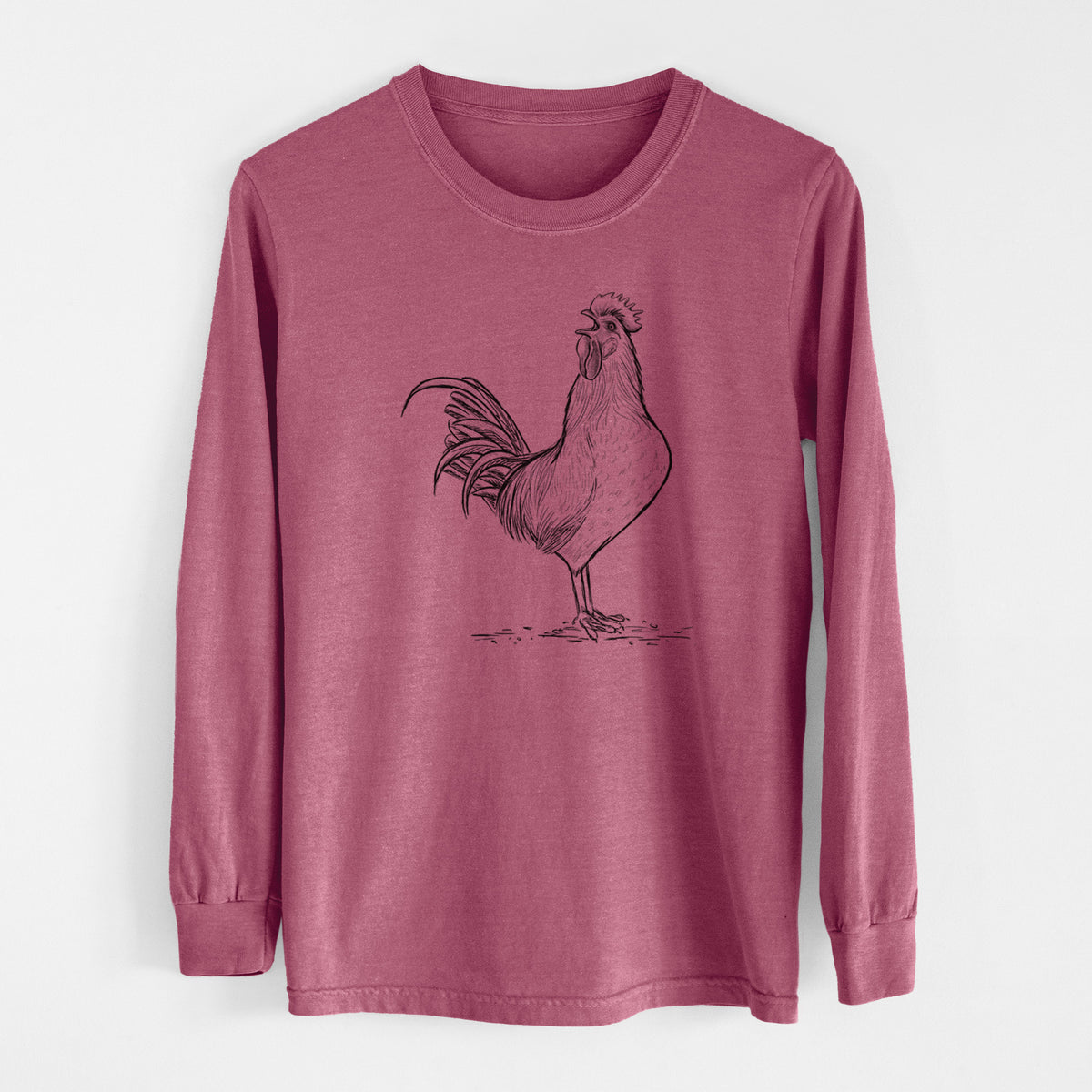 Crowing Rooster - Brown Leghorn Chicken - Men&#39;s Heavyweight 100% Cotton Long Sleeve