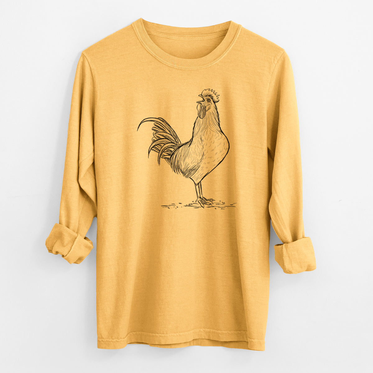 Crowing Rooster - Brown Leghorn Chicken - Men&#39;s Heavyweight 100% Cotton Long Sleeve