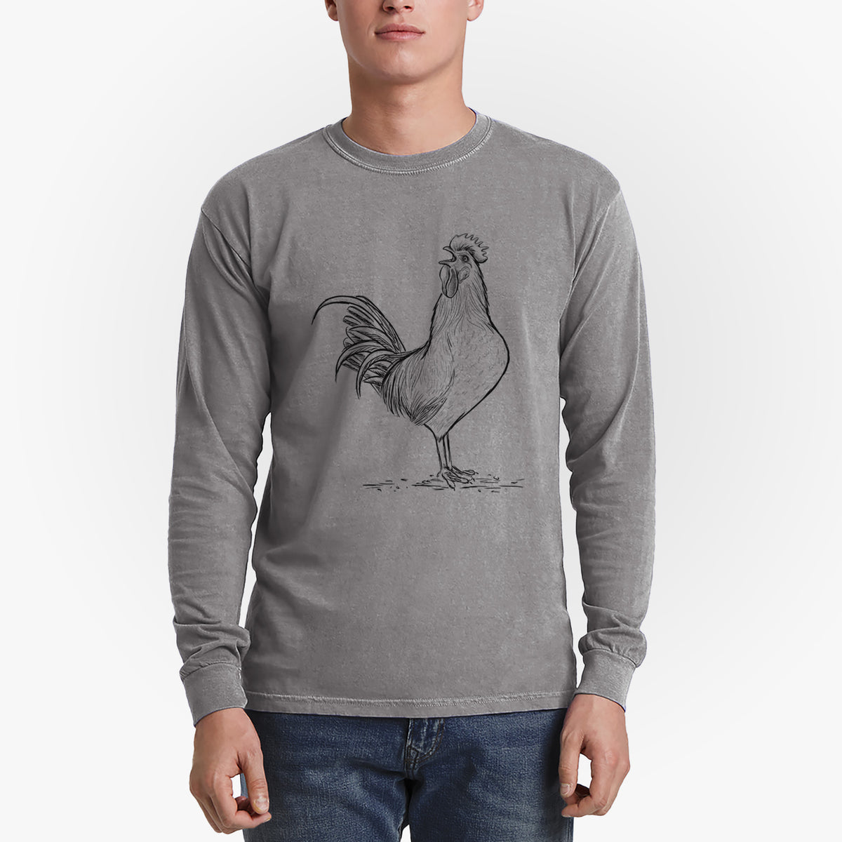 Crowing Rooster - Brown Leghorn Chicken - Men&#39;s Heavyweight 100% Cotton Long Sleeve