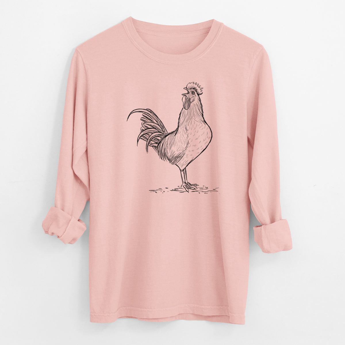 Crowing Rooster - Brown Leghorn Chicken - Men&#39;s Heavyweight 100% Cotton Long Sleeve