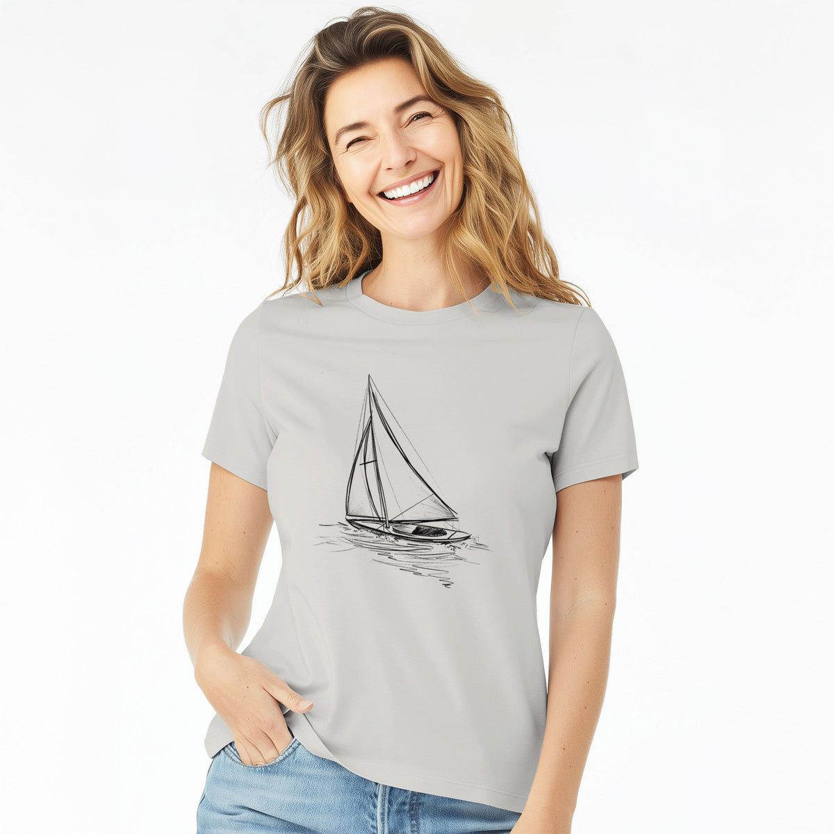 Heading Coastward - Sloop Sailboat - Women's Lightweight Relaxed Fit 100% Cotton Crewneck