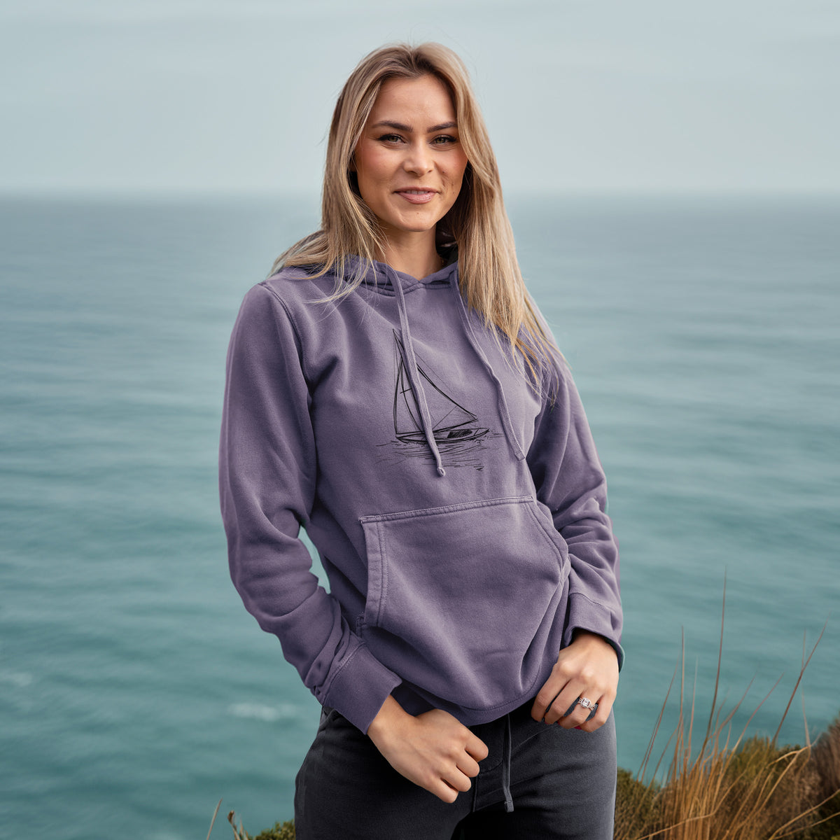 Heading Coastward - Sloop Sailboat - Unisex Pigment Dyed Hoodie