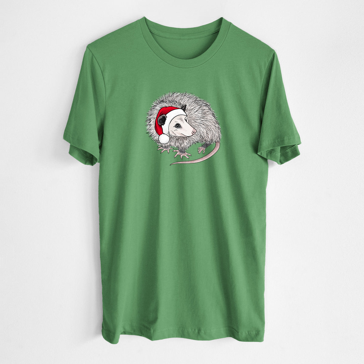 Santa Opossum - Lightweight 100% Cotton Unisex Crewneck in Leaf Green, worn by model