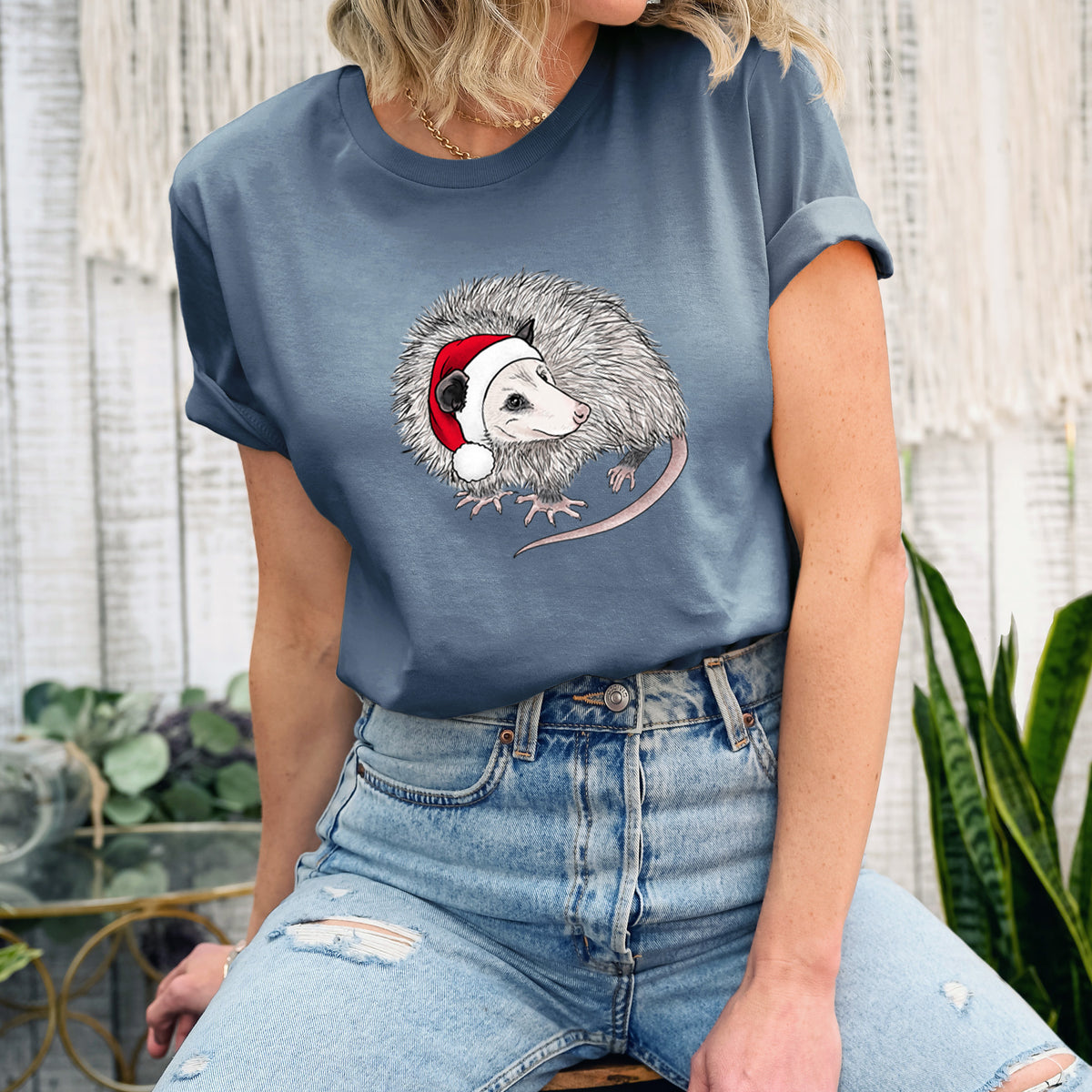Santa Opossum - Lightweight 100% Cotton Unisex Crewneck in Steel Blue, worn by model