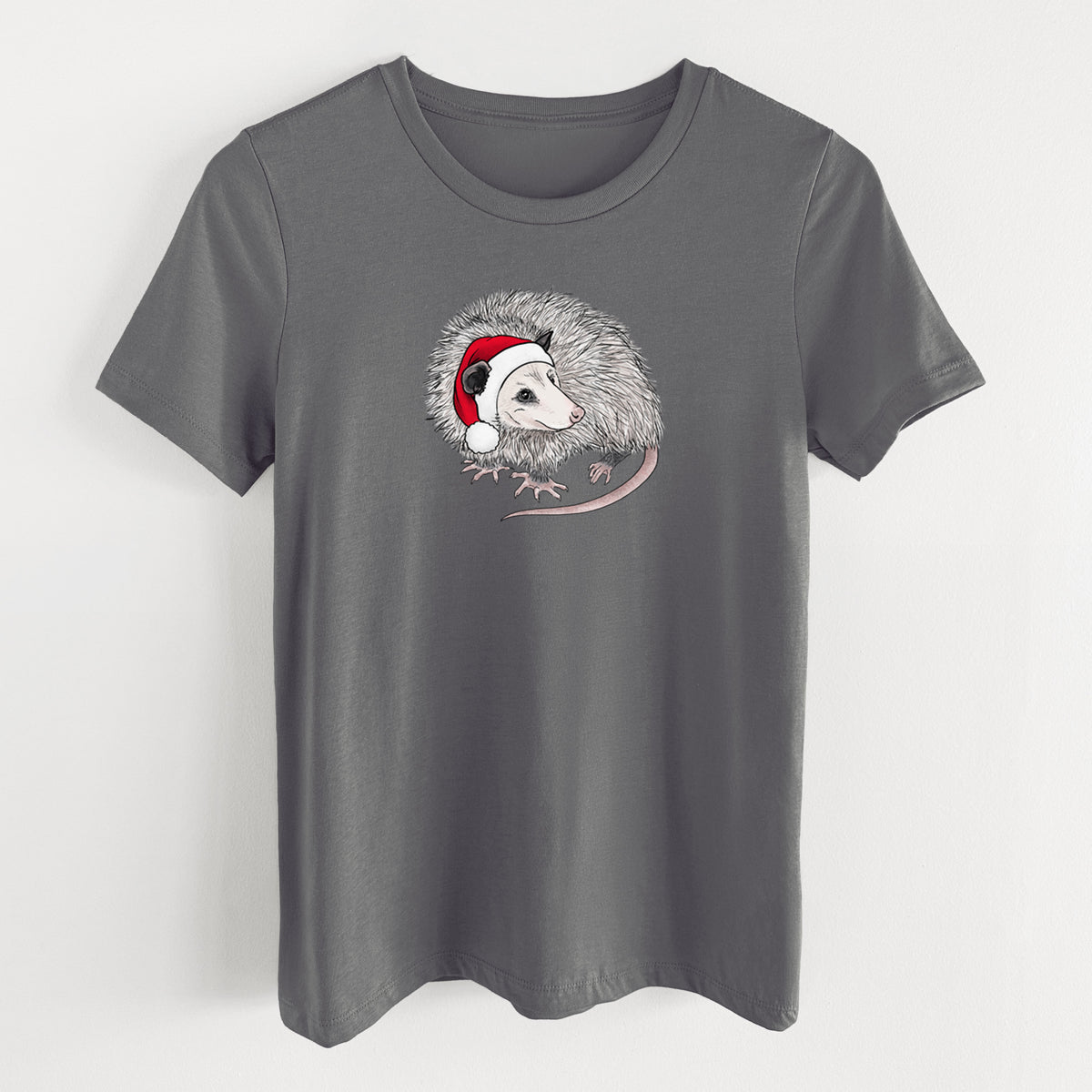 Santa Opossum - Women's Lightweight Relaxed Fit 100% Cotton Crewneck in Asphalt, on a hanger