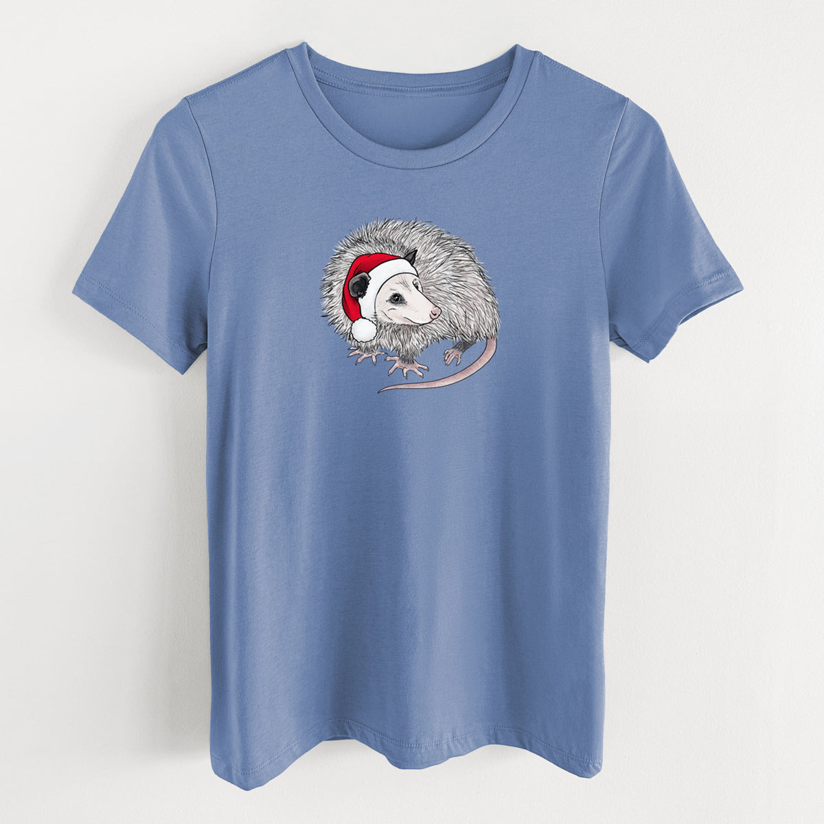 Santa Opossum - Women's Lightweight Relaxed Fit 100% Cotton Crewneck in Blue Bell, on a hanger