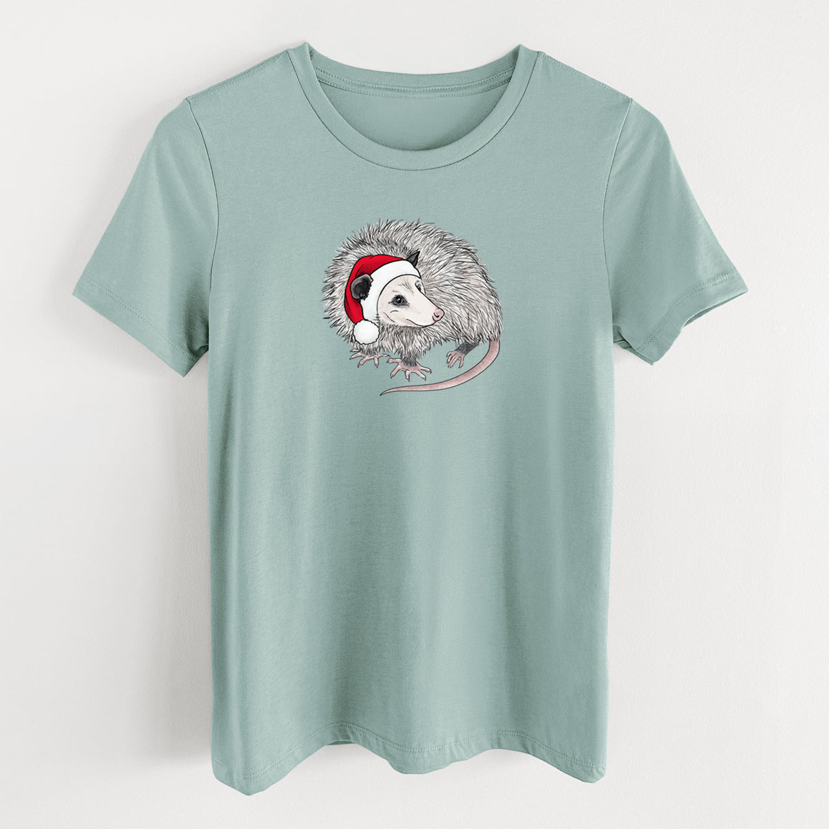 Santa Opossum - Women's Lightweight Relaxed Fit 100% Cotton Crewneck in Dusty Blue, on a hanger