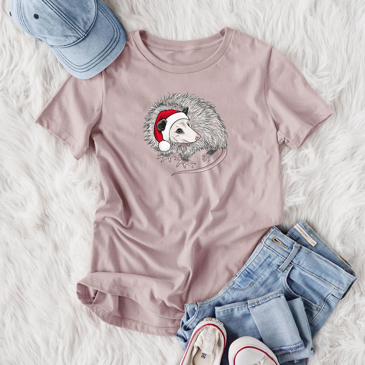 Santa Opossum - Women's Lightweight Relaxed Fit 100% Cotton Crewneck, flat lay