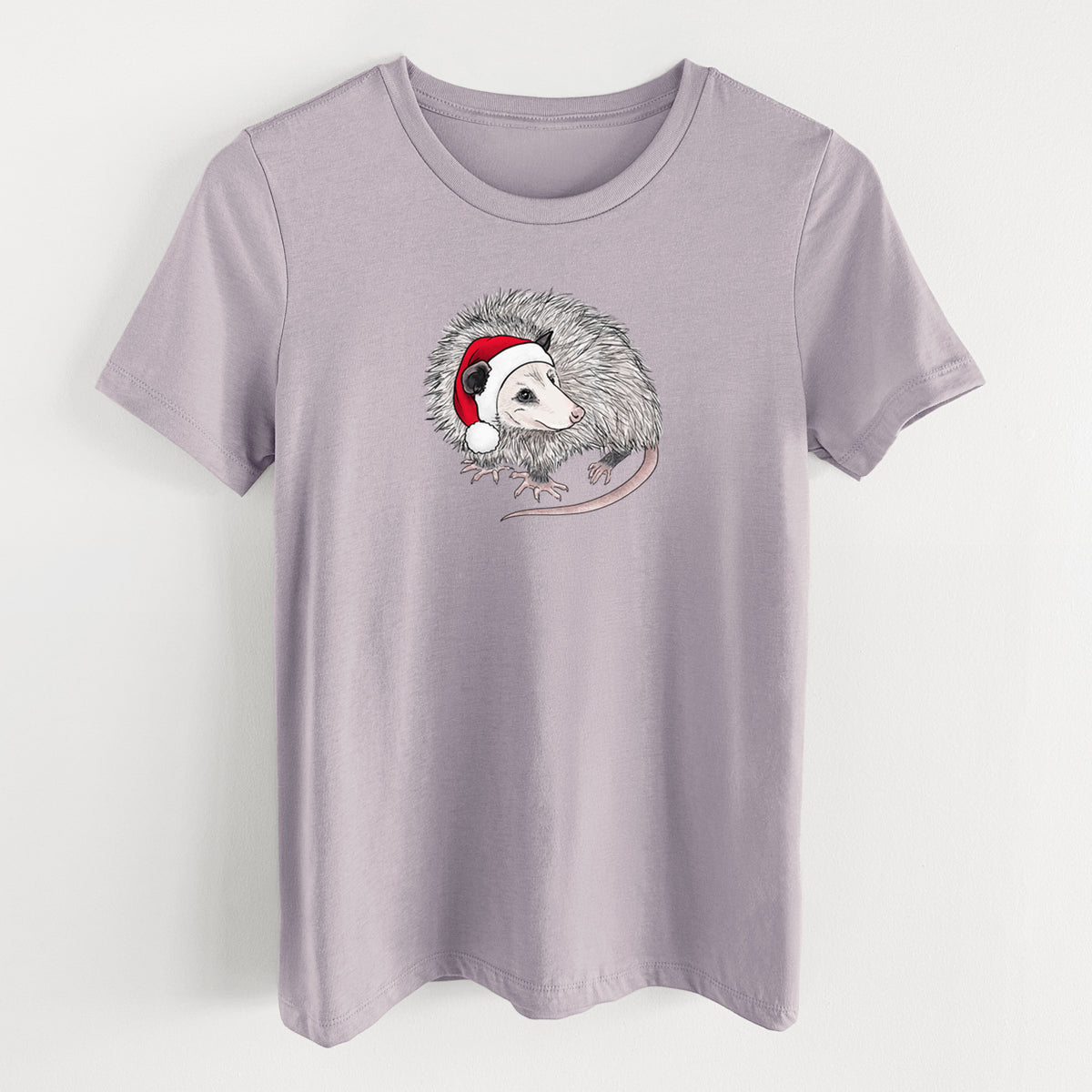 Santa Opossum - Women's Lightweight Relaxed Fit 100% Cotton Crewneck in Light Violet, on a hanger