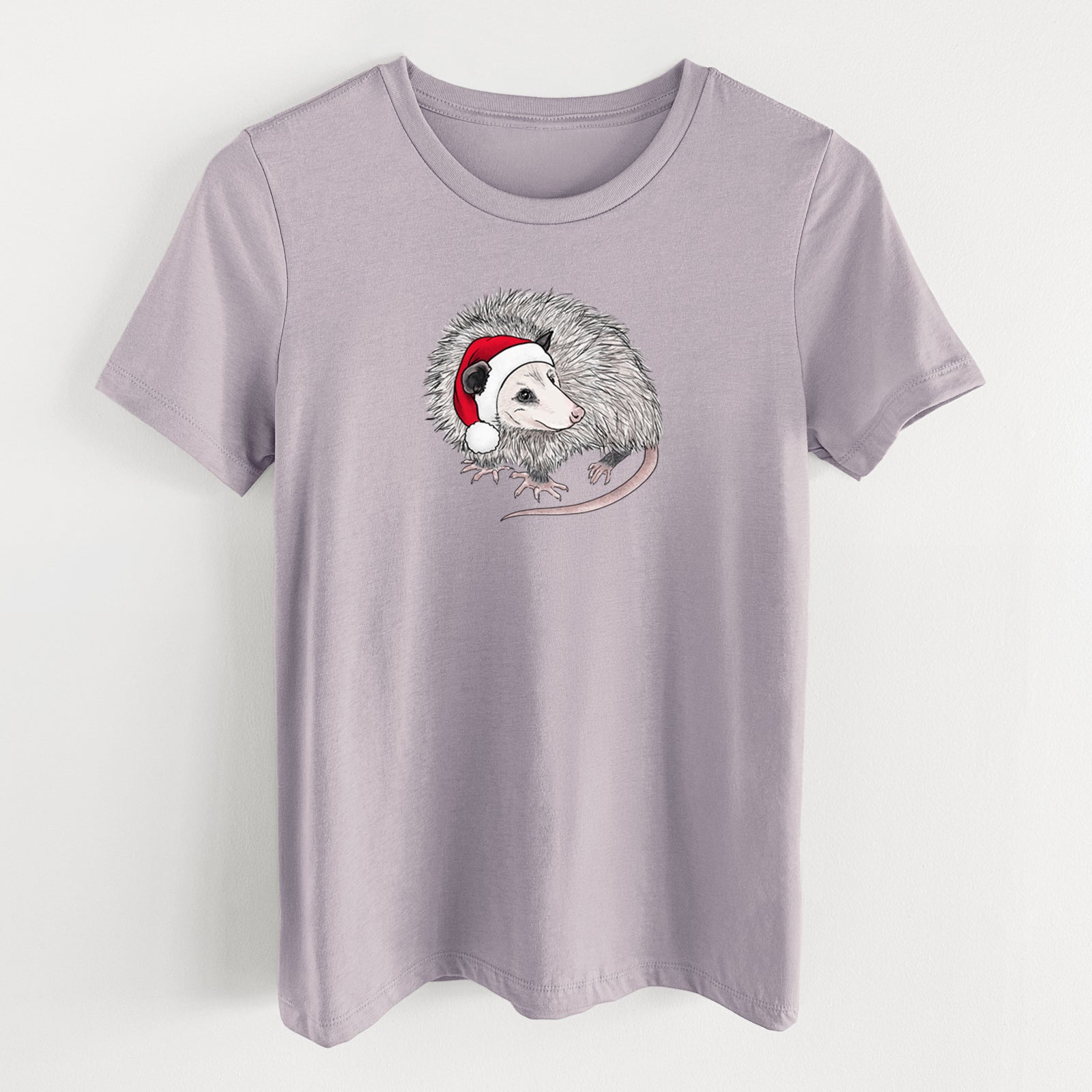 Santa Opossum - Women's Lightweight Relaxed Fit 100% Cotton Crewneck in Light Violet, on a hanger