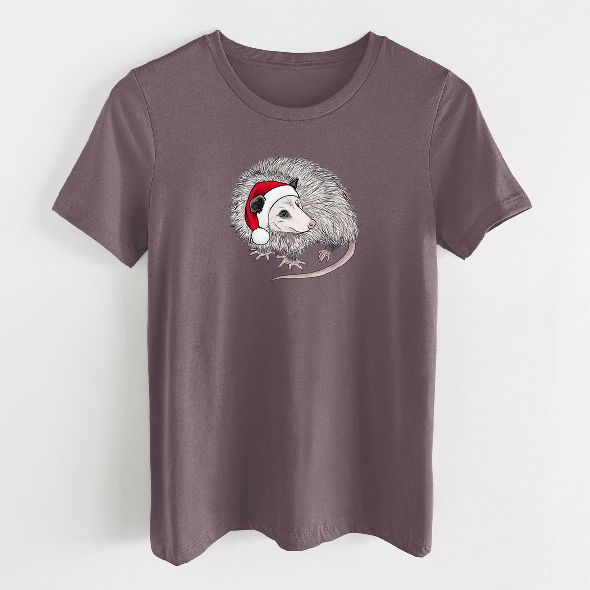 Santa Opossum - Women's Lightweight Relaxed Fit 100% Cotton Crewneck in Purple Storm, on a hanger