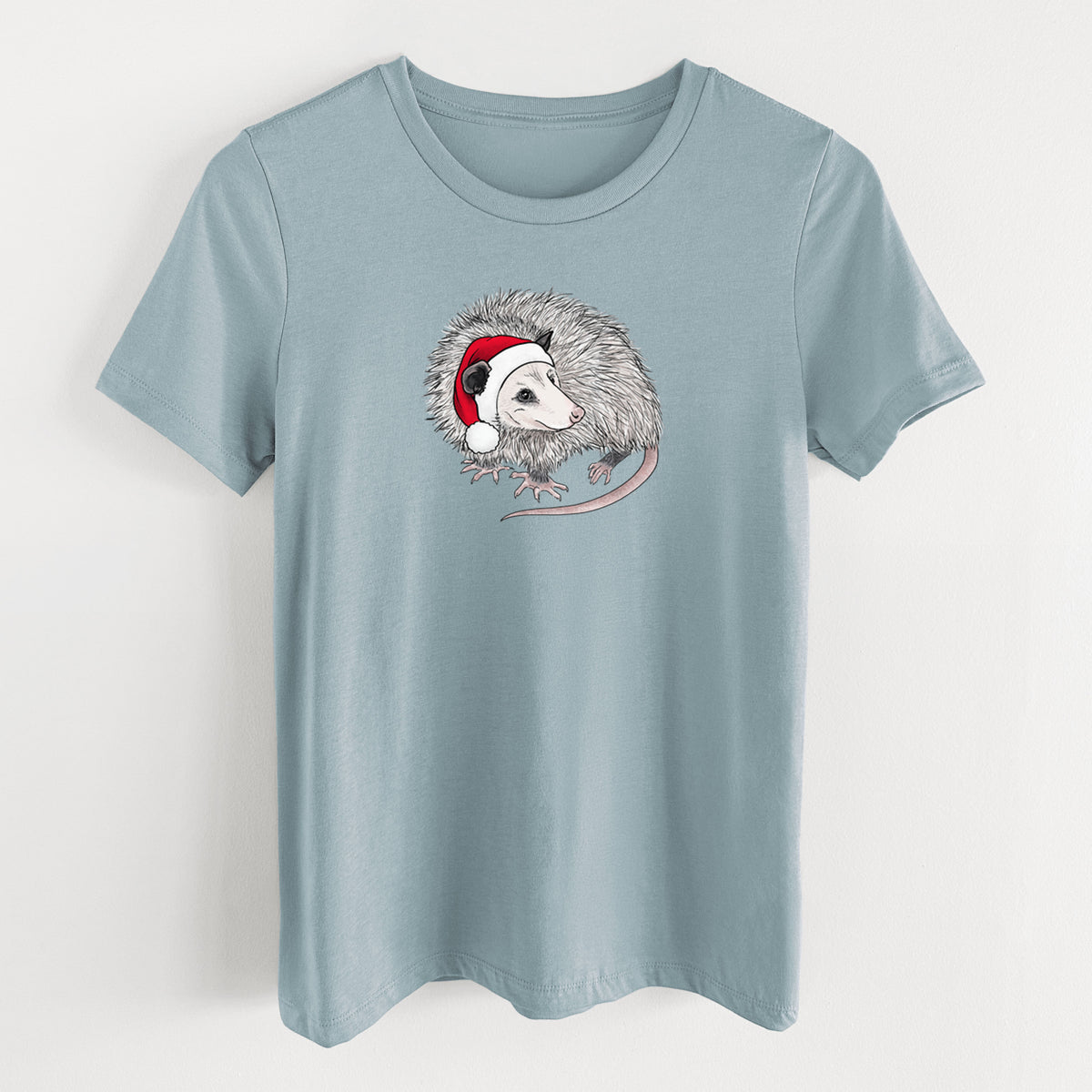Santa Opossum - Women's Lightweight Relaxed Fit 100% Cotton Crewneck in Vintage Denim, on a hanger