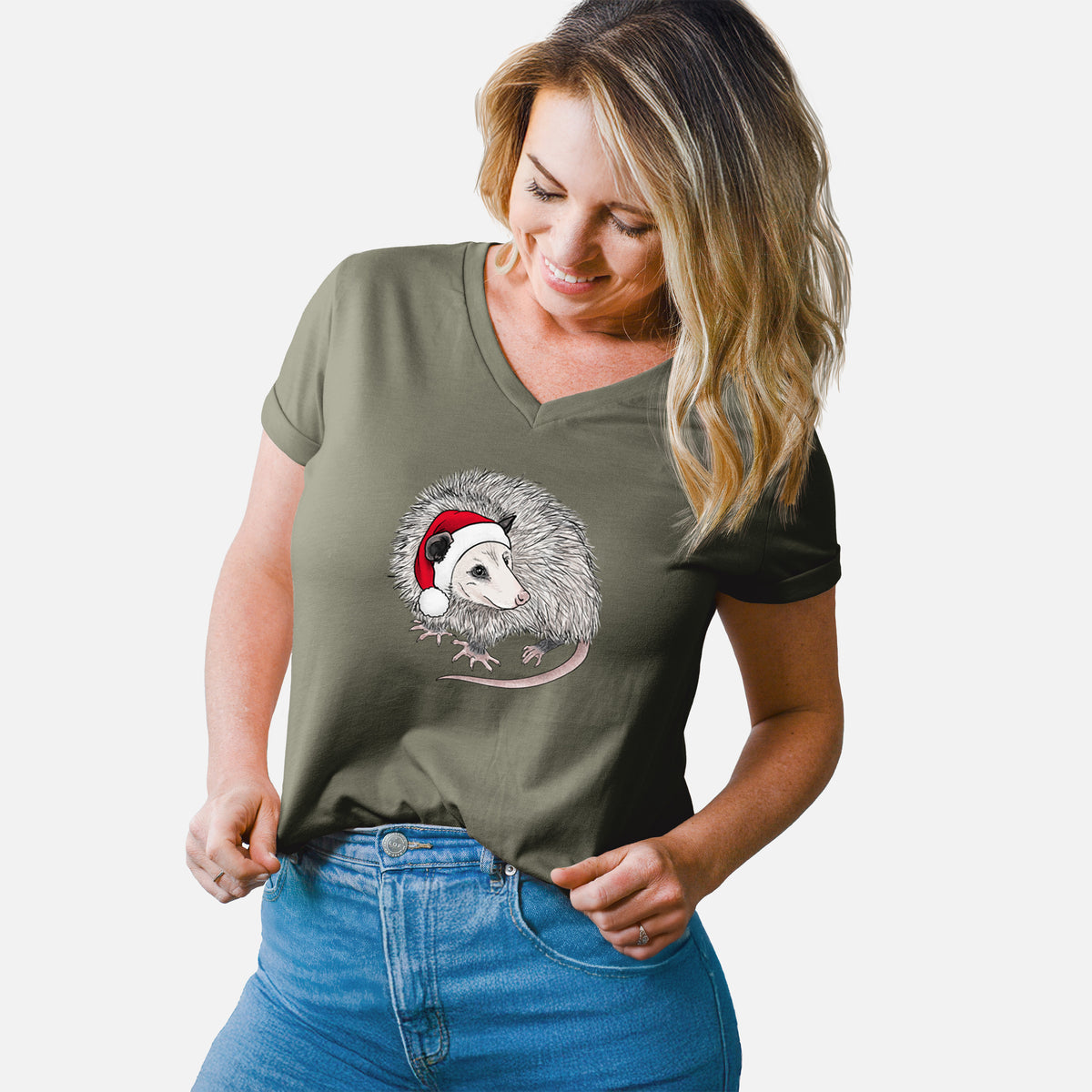 Santa Opossum - Women's Lightweight Relaxed Fit 100% Cotton V-neck in Military Green, worn by model