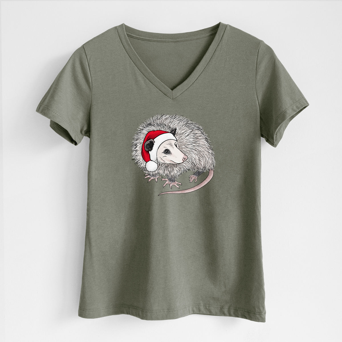 Santa Opossum - Women's Lightweight Relaxed Fit 100% Cotton V-neck in Military Green, on a hanger