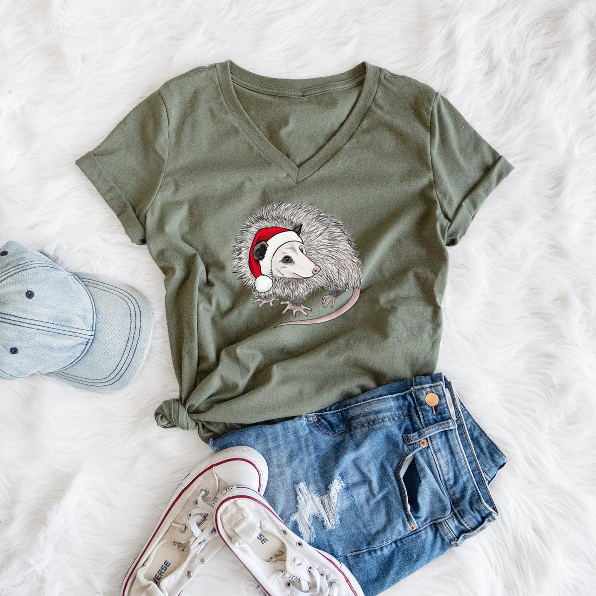 Santa Opossum - Women's Lightweight Relaxed Fit 100% Cotton V-neck in Military Green, lifestyle photo