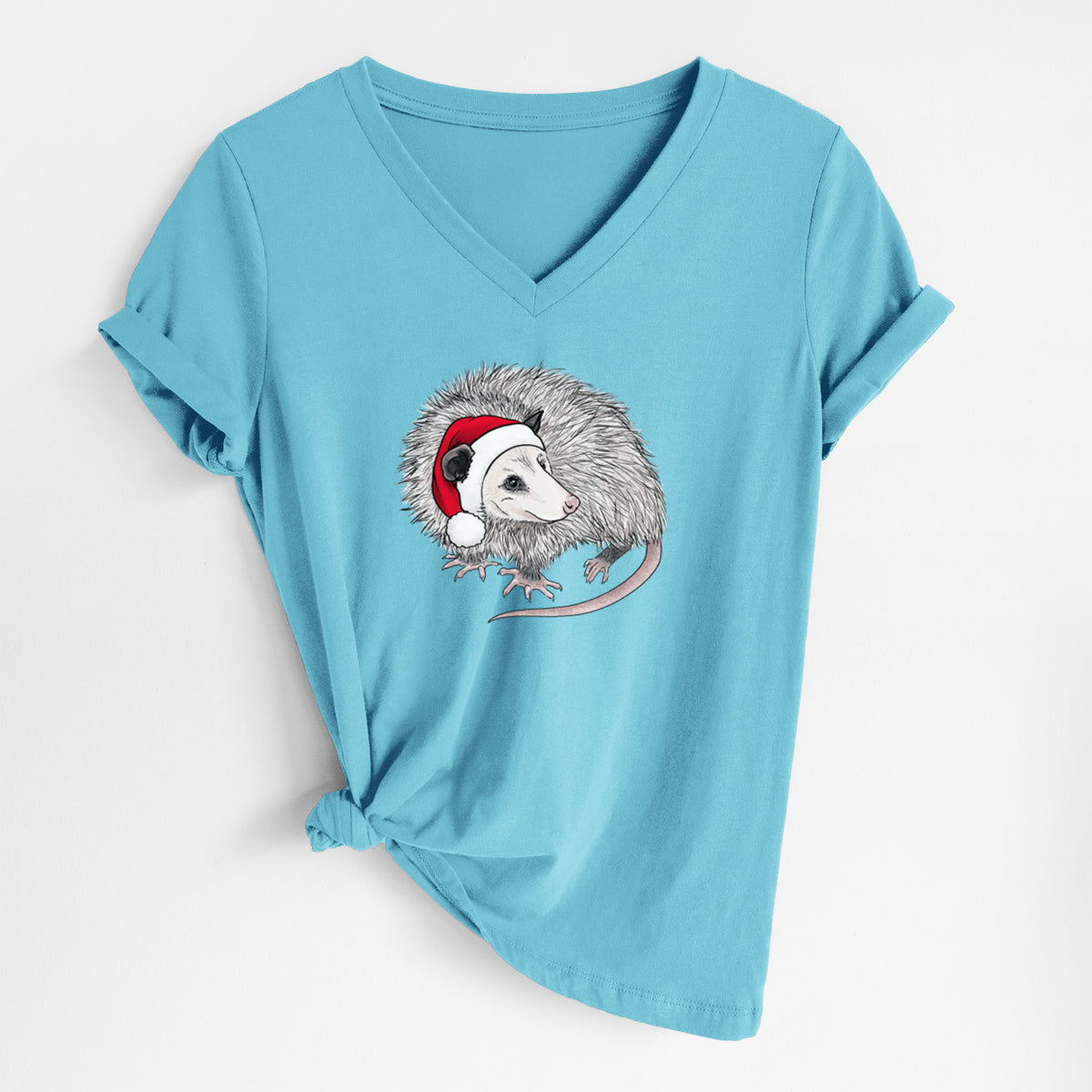 Santa Opossum - Women's Lightweight Relaxed Fit 100% Cotton V-neck in Turquoise, on a hanger