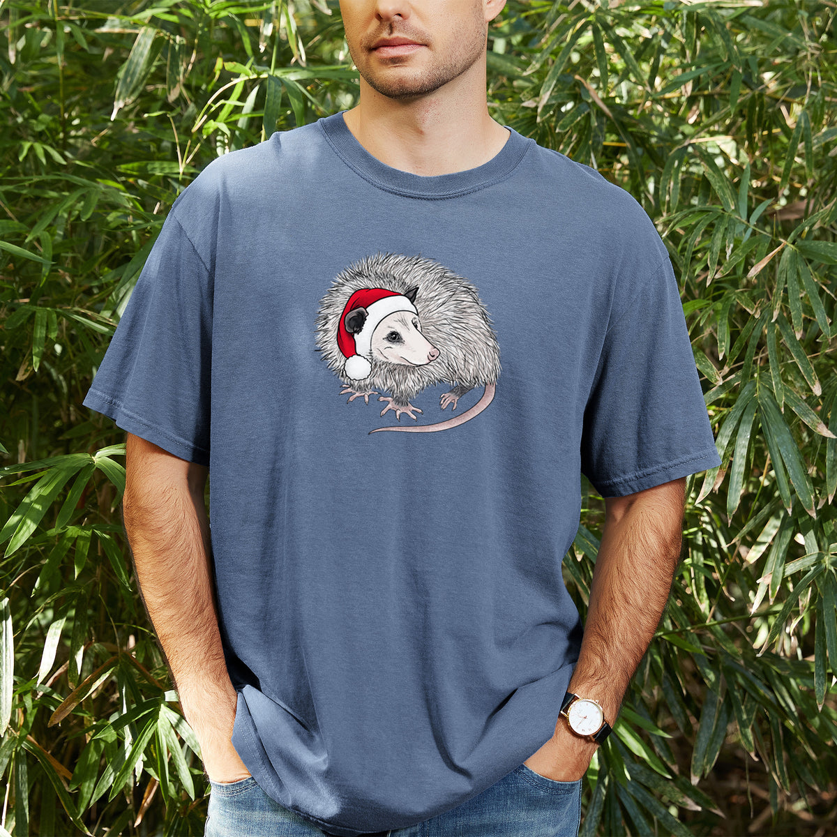 Santa Opossum - Unisex Comfort Colors Garment-Dyed Heavyweight T-shirt, worn by model