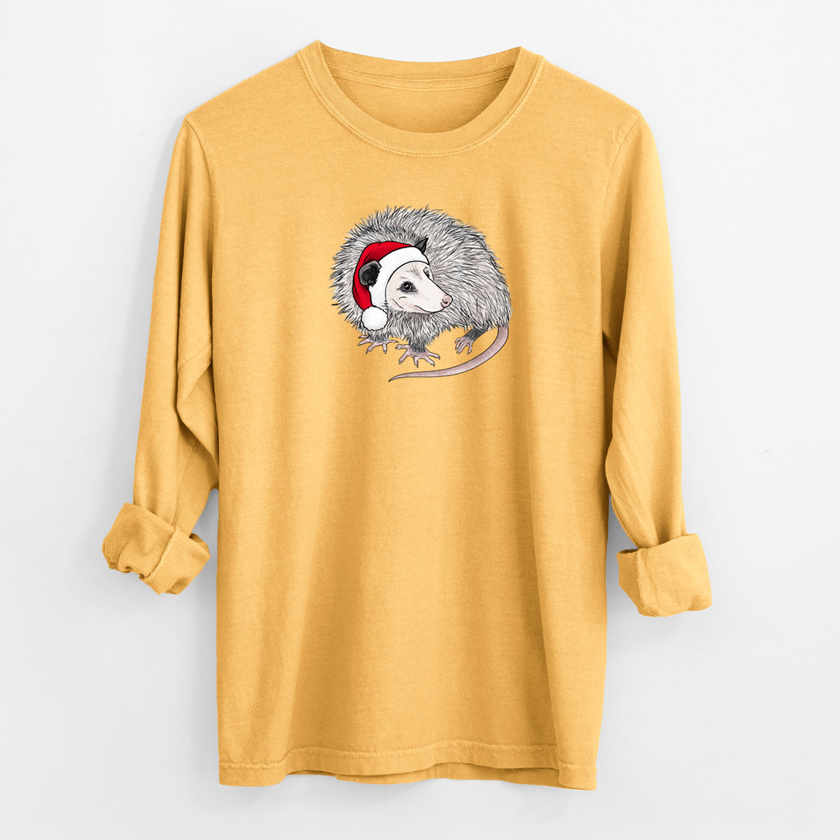 Santa Opossum - Unisex Comfort Colors 100% Cotton Long Sleeve in Golden Wheat, worn by model