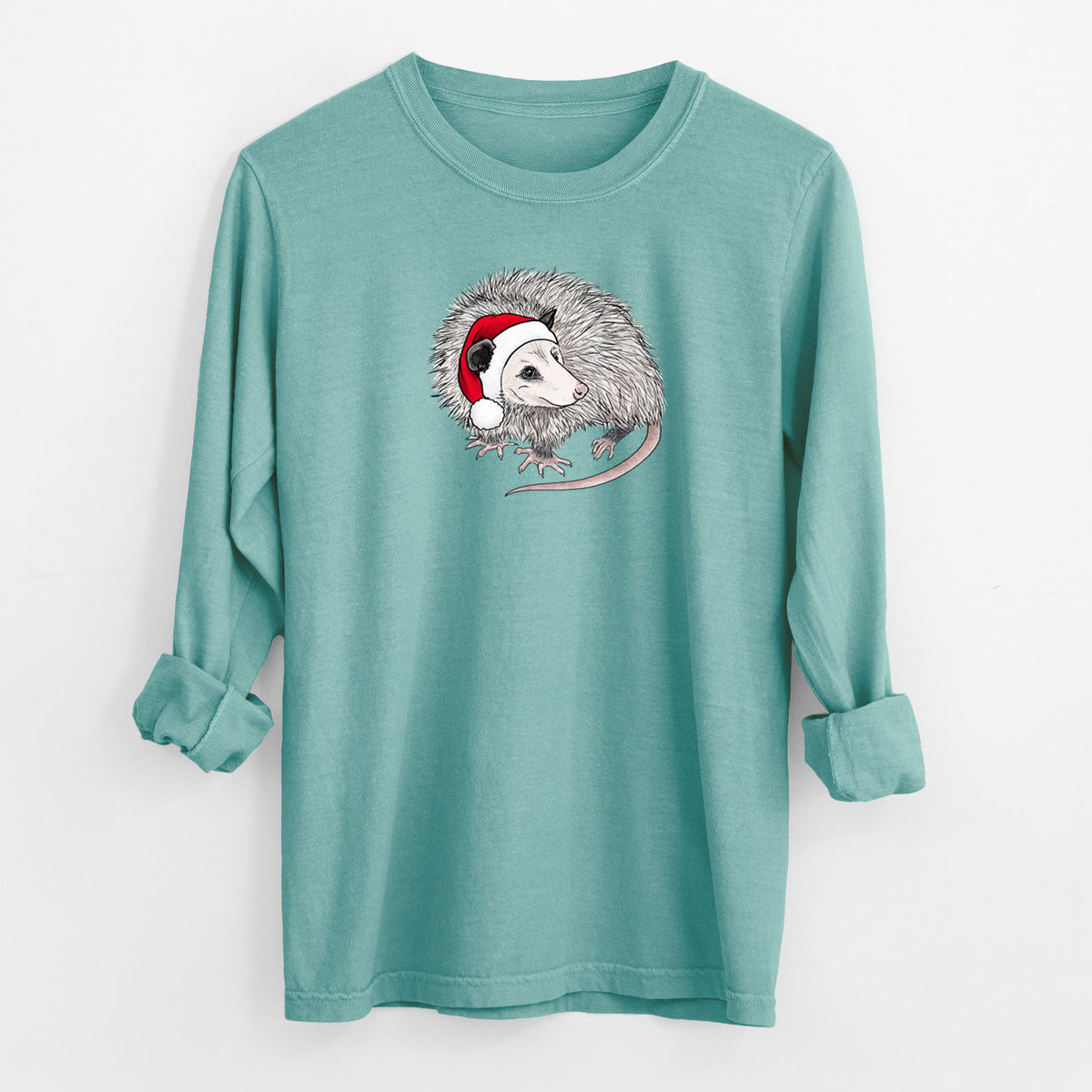 Santa Opossum - Unisex Comfort Colors 100% Cotton Long Sleeve in Reef Green, worn by model