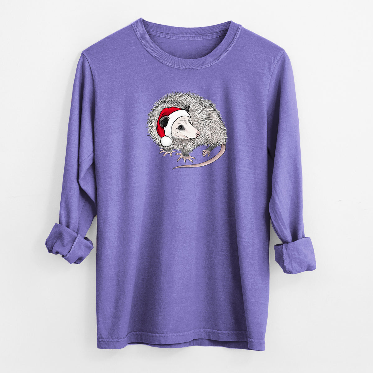 Santa Opossum - Unisex Comfort Colors 100% Cotton Long Sleeve in Violet, worn by model