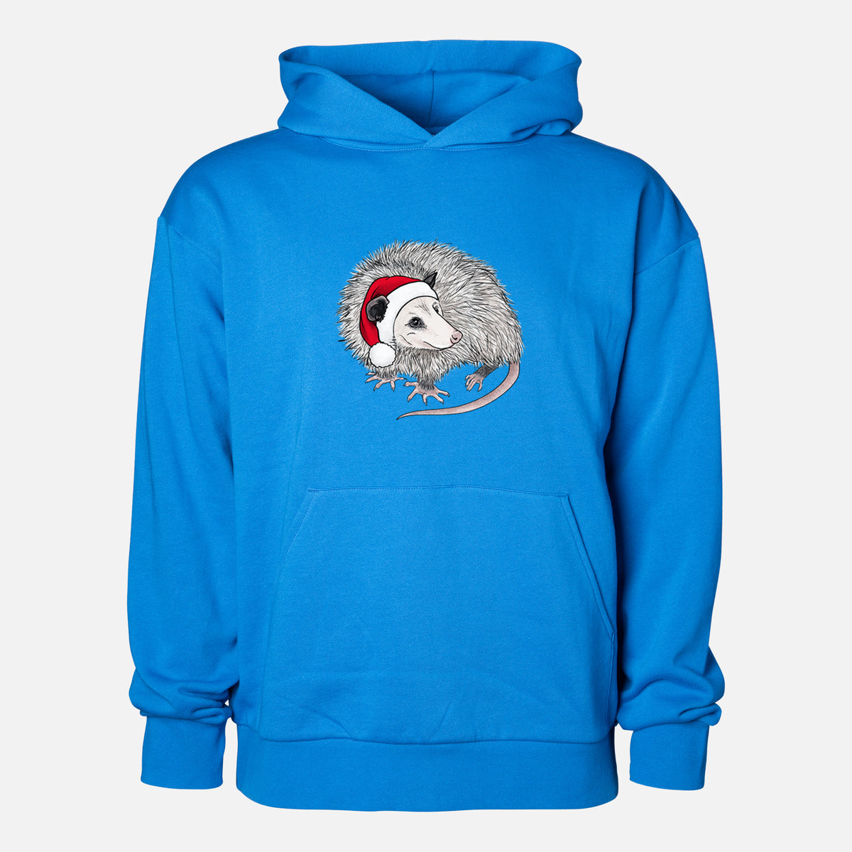 Santa Opossum - Statement Midweight Hoodie in Azure Blue, shown from the front with the design printed on the chest above a front kangaroo pocket.