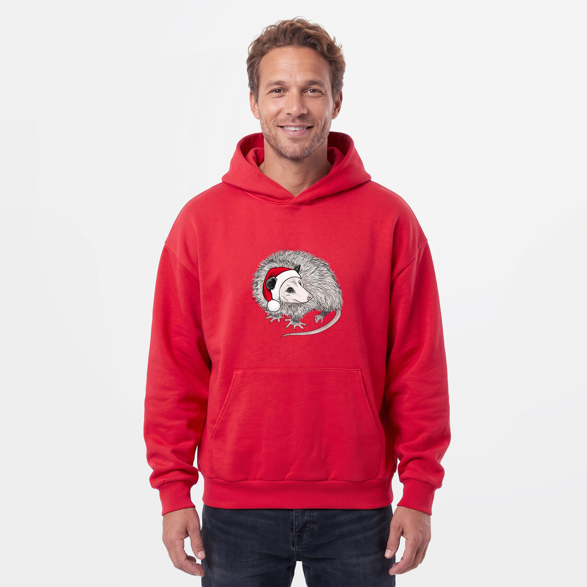 Male model wearing the Santa Opossum - Statement Midweight Hoodie.