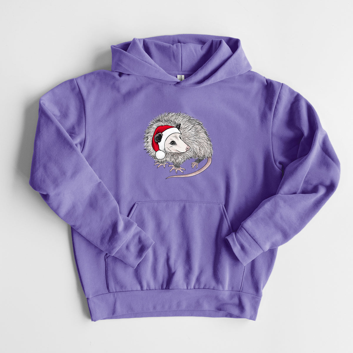 Santa Opossum - Statement Midweight Hoodie in Violet, laid flat, showing the oversized boxy fit and front kangaroo pocket.