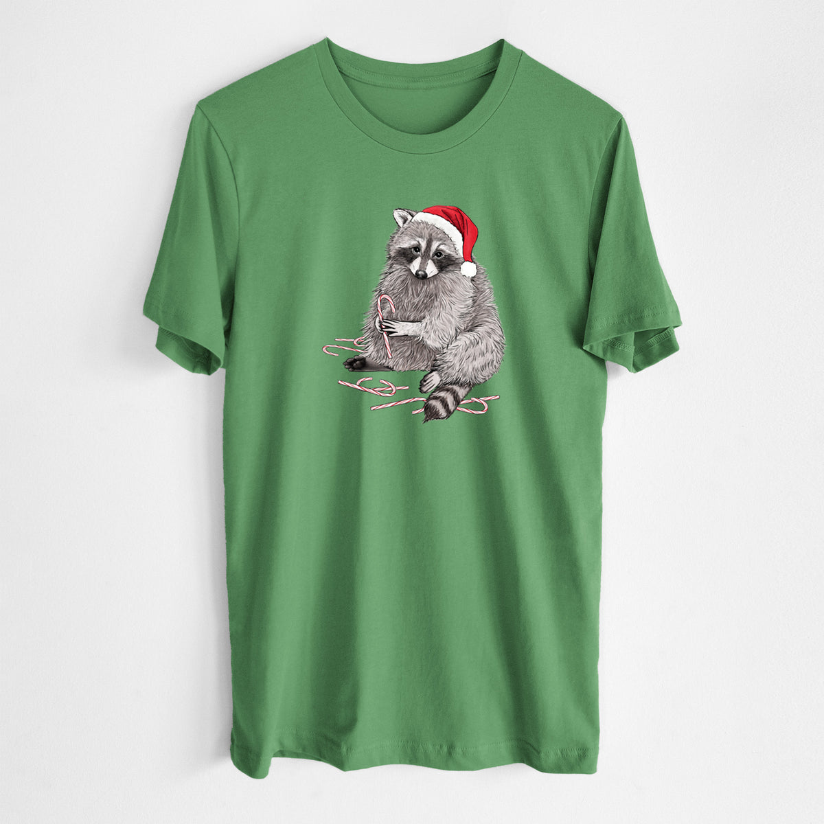 Santa Raccoon - Lightweight 100% Cotton Unisex Crewneck in Leaf Green, worn by model