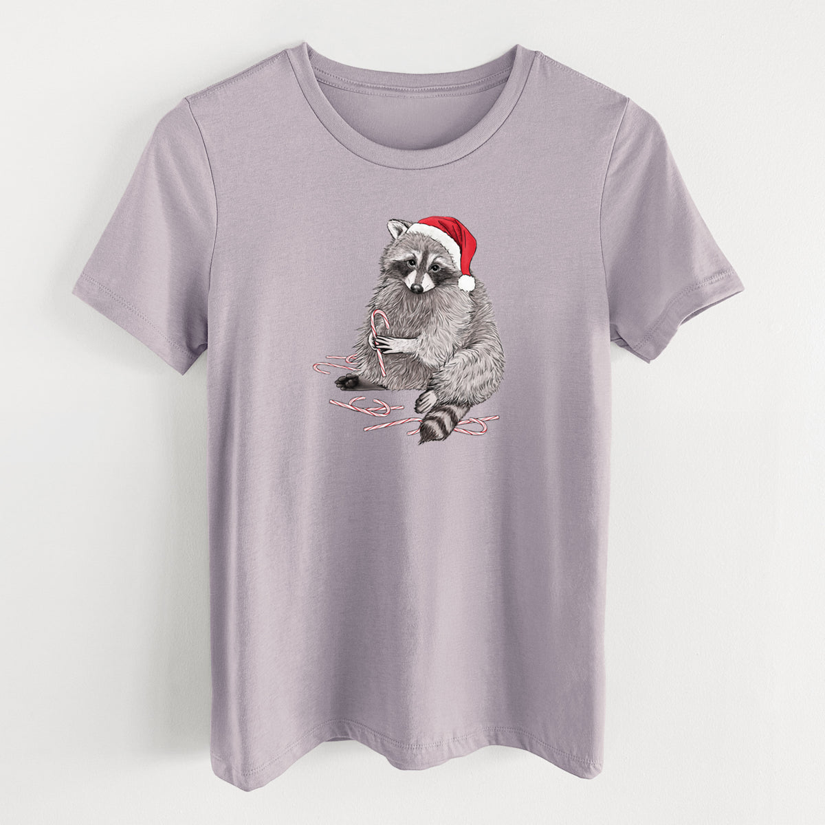 Santa Raccoon - Women's Lightweight Relaxed Fit 100% Cotton Crewneck in Light Violet, on a hanger