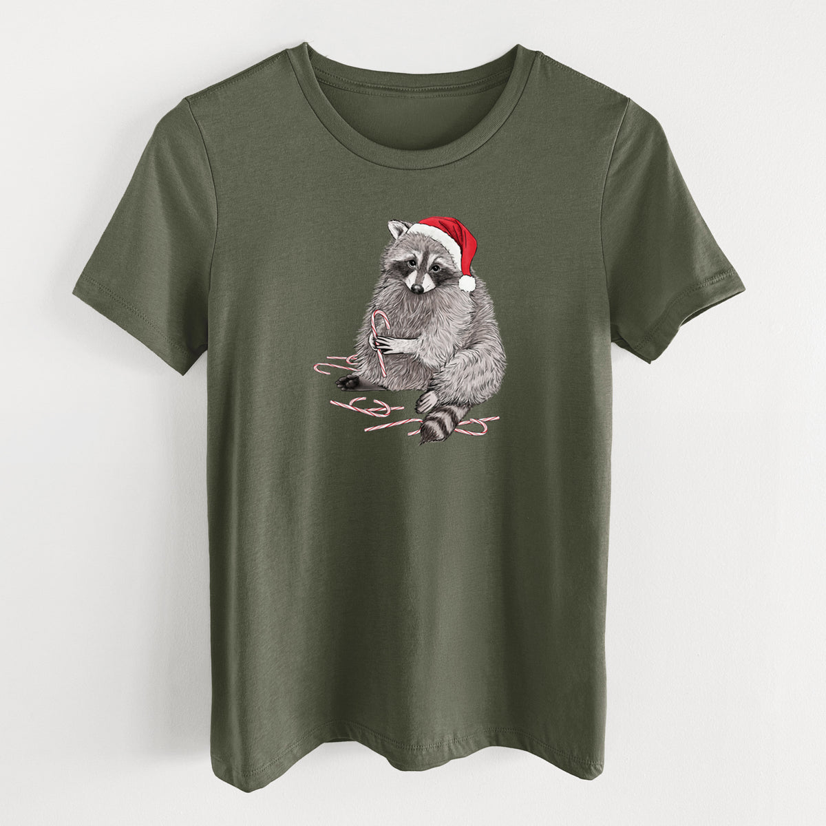 Santa Raccoon - Women's Lightweight Relaxed Fit 100% Cotton Crewneck in Military Green, on a hanger