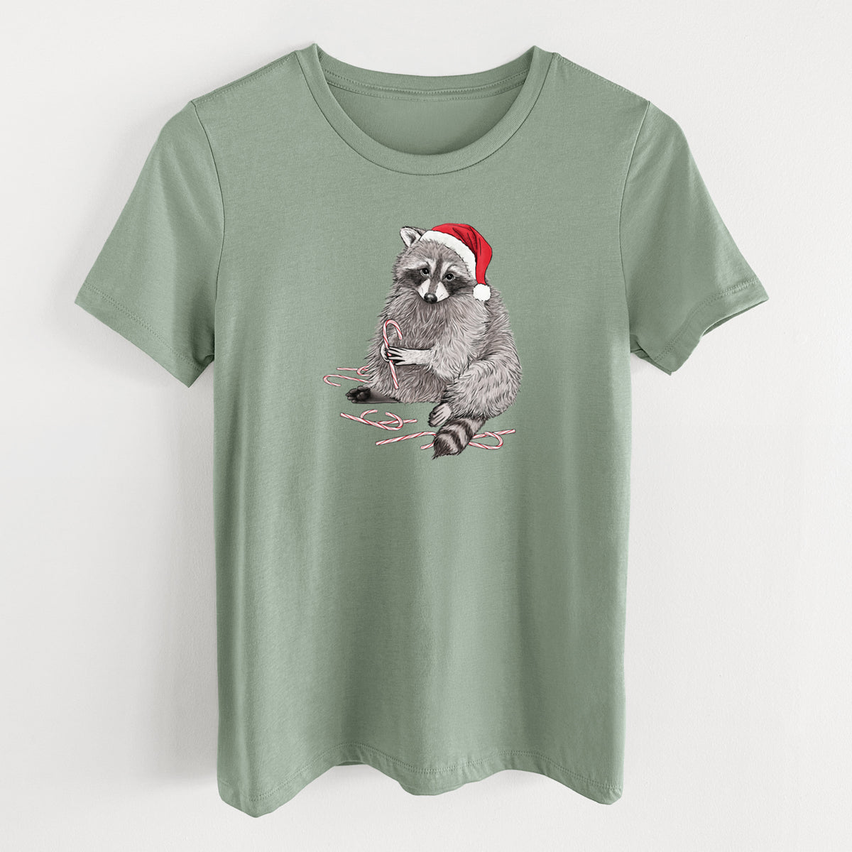 Santa Raccoon - Women's Lightweight Relaxed Fit 100% Cotton Crewneck in Sage, on a hanger