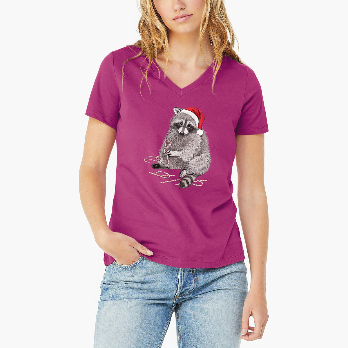 Santa Raccoon - Women's Lightweight Relaxed Fit 100% Cotton V-neck in Berry, worn by model