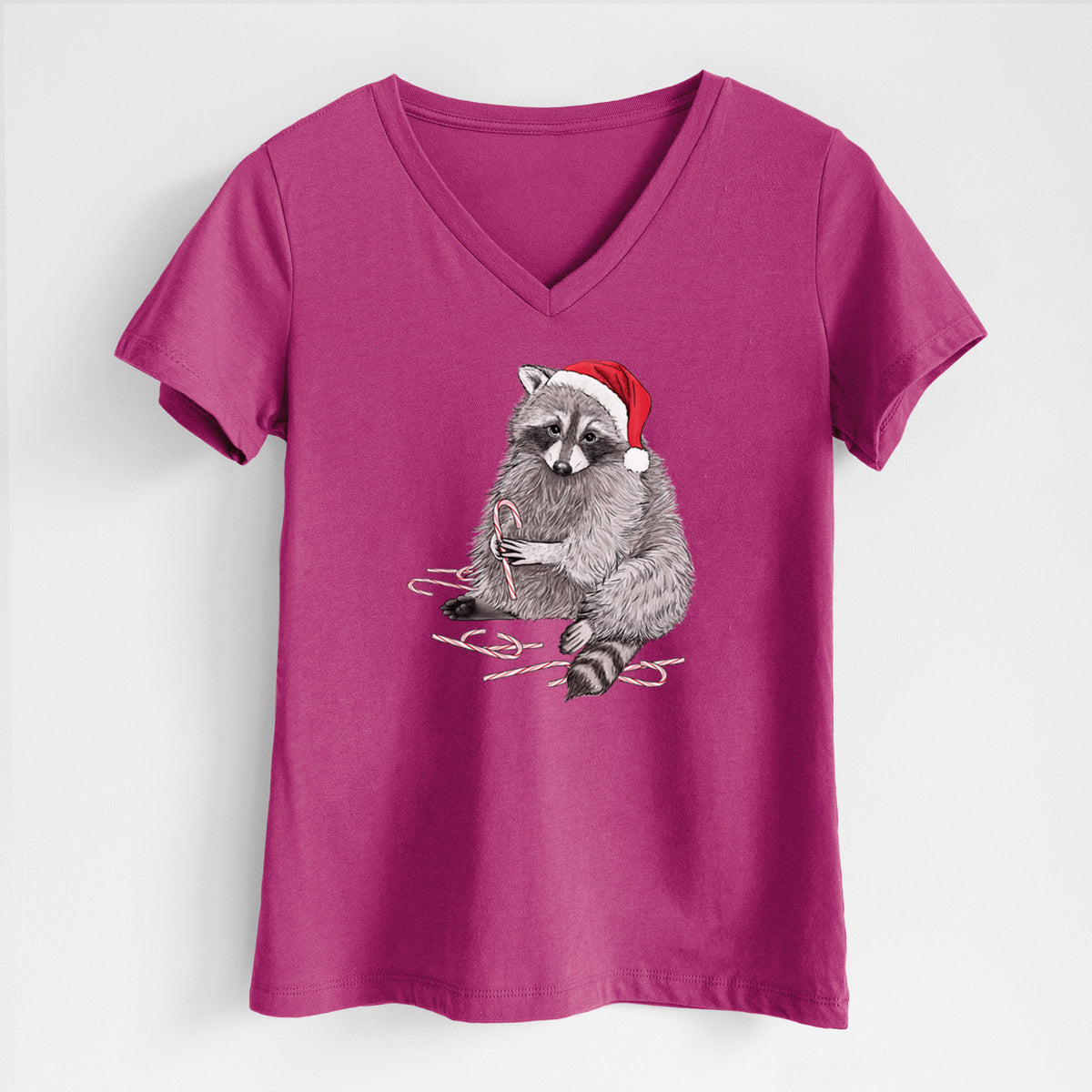 Santa Raccoon - Women's Lightweight Relaxed Fit 100% Cotton V-neck in Berry, on a hanger