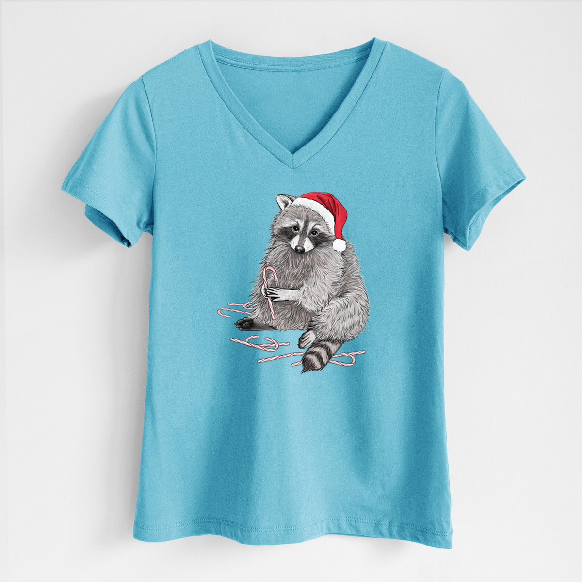 Santa Raccoon - Women's Lightweight Relaxed Fit 100% Cotton V-neck in Turquoise, on a hanger