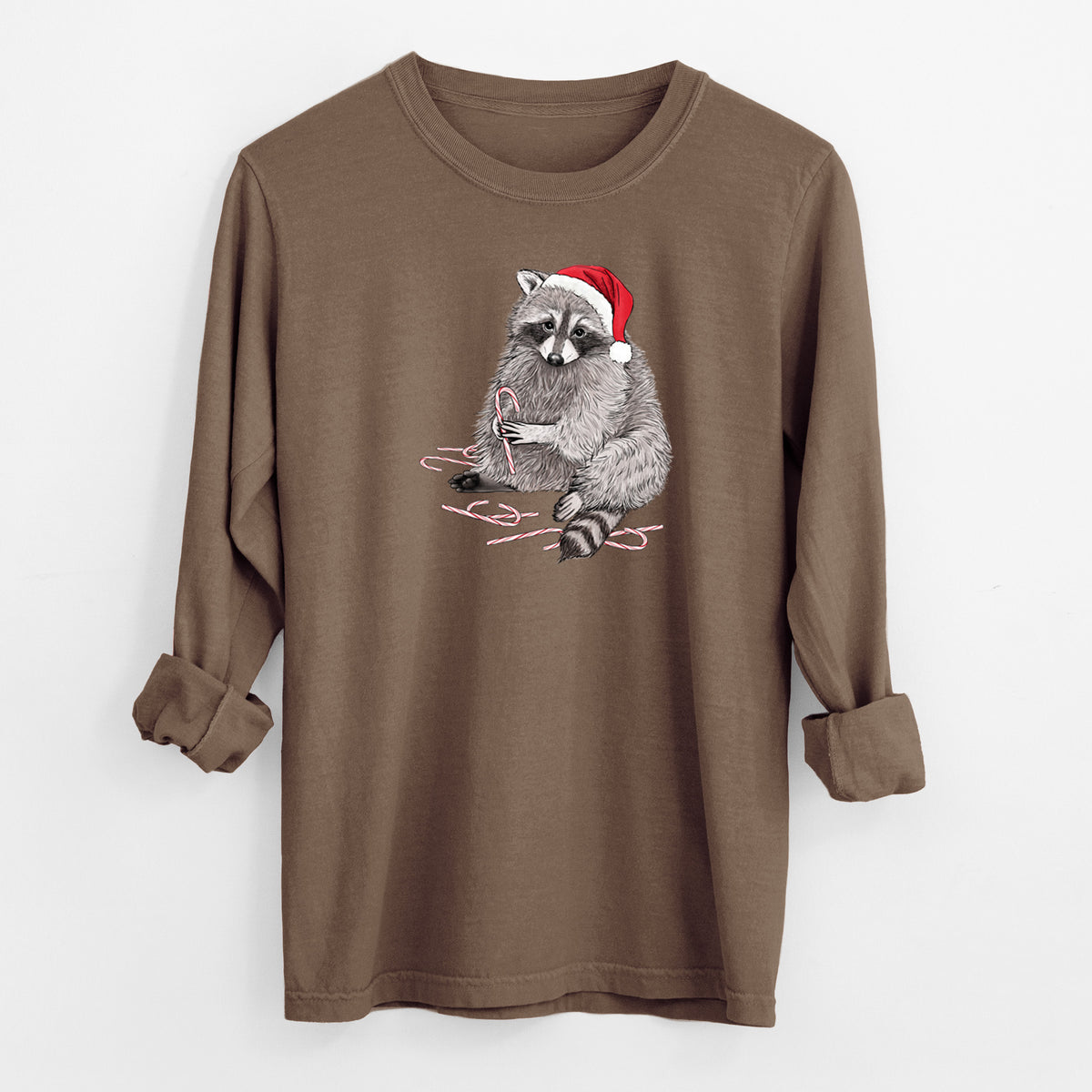 Santa Raccoon - Unisex Comfort Colors 100% Cotton Long Sleeve in Espresso, worn by model