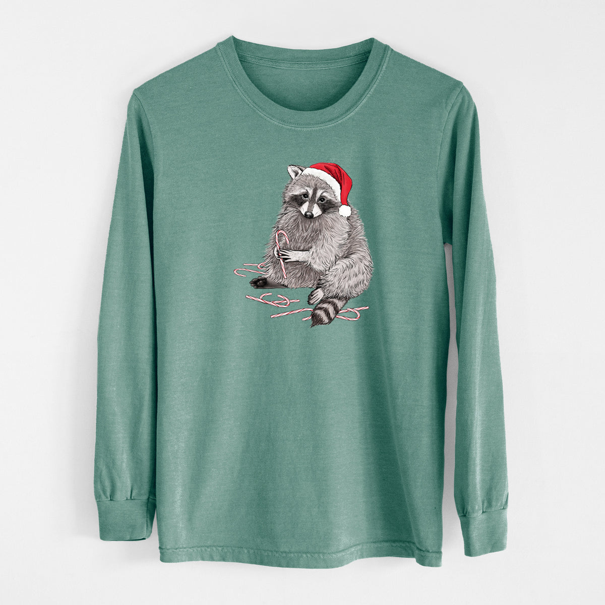 Santa Raccoon - Unisex Comfort Colors 100% Cotton Long Sleeve in Pine Green
