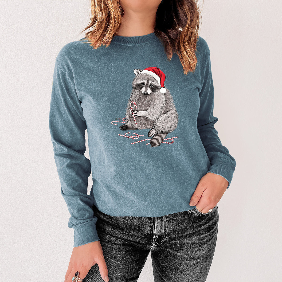 Santa Raccoon - Unisex Comfort Colors 100% Cotton Long Sleeve in Steel Blue