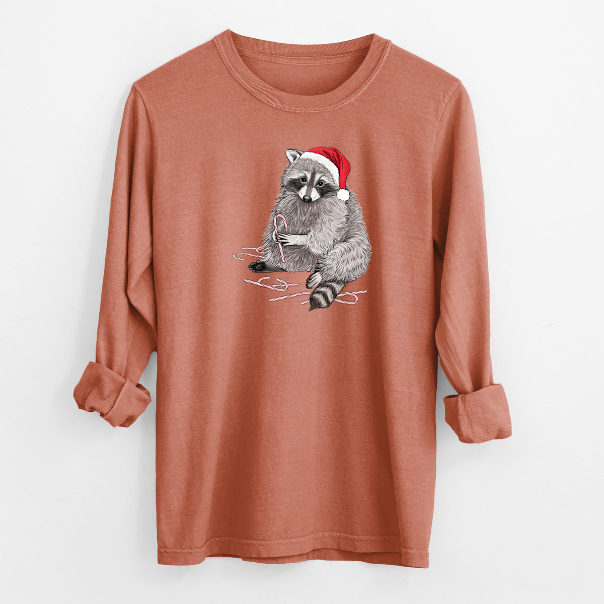 Santa Raccoon - Unisex Comfort Colors 100% Cotton Long Sleeve in Yam, worn by model