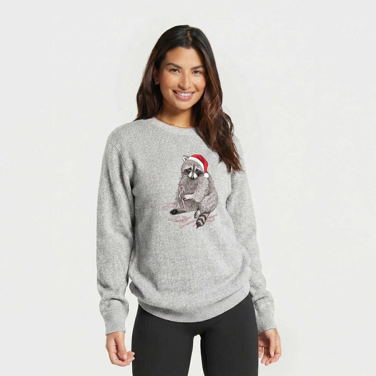 Santa Raccoon - Knit Sweatshirt, worn by model