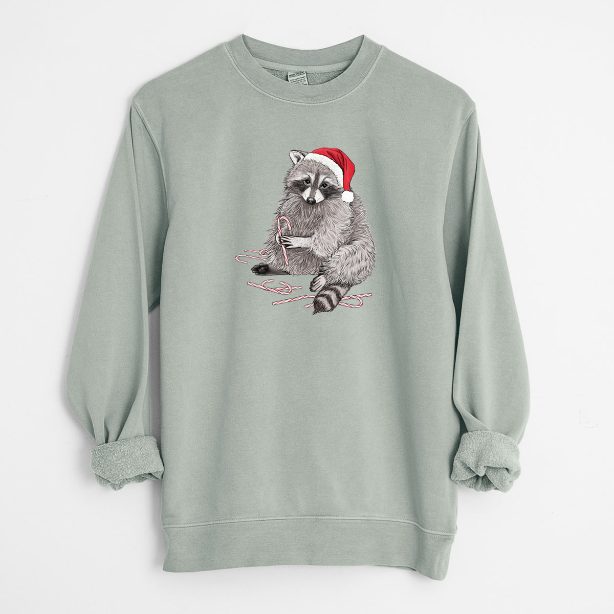 Santa Raccoon - Unisex Pigment Dyed Crew Sweatshirt in Sage