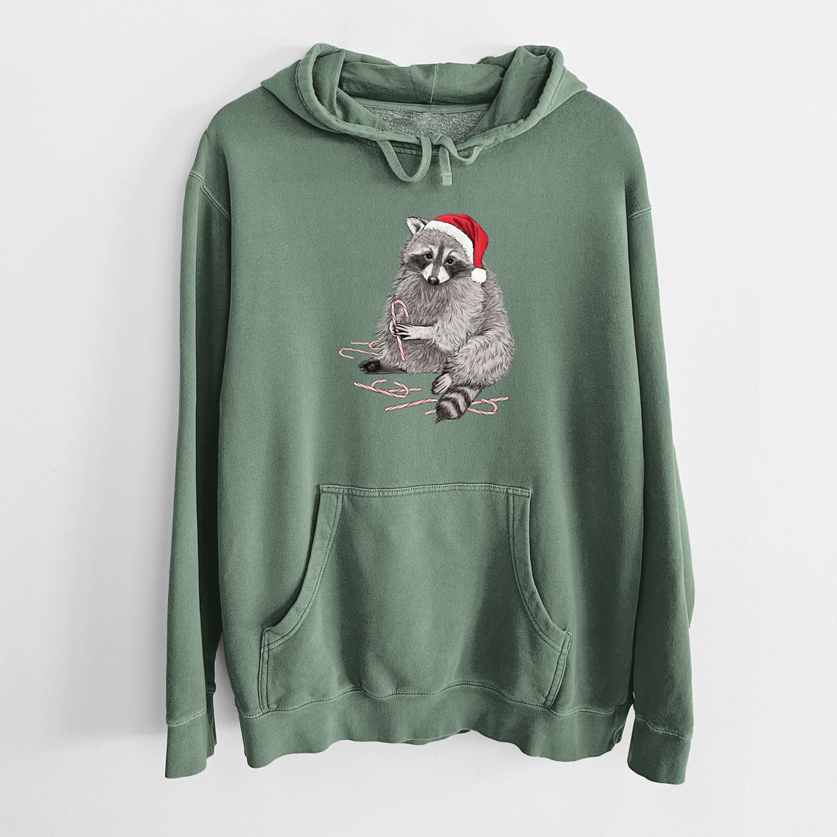 Santa Raccoon - Unisex Pigment Dyed Hoodie in Alpine Green