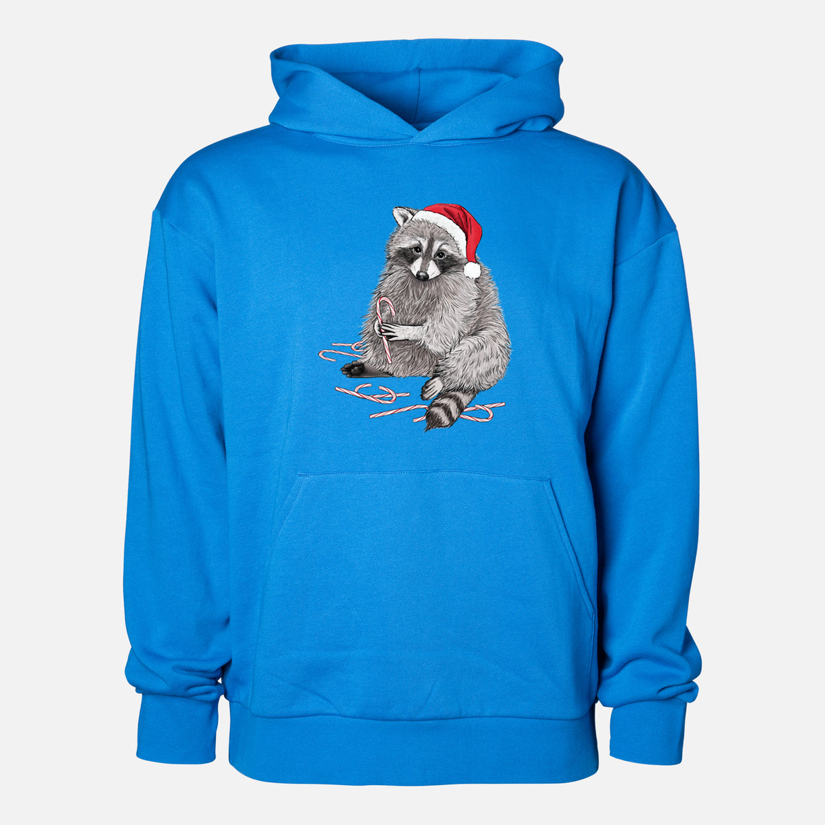 Santa Raccoon - Statement Midweight Hoodie in Azure Blue, shown from the front with the design printed on the chest above a front kangaroo pocket.